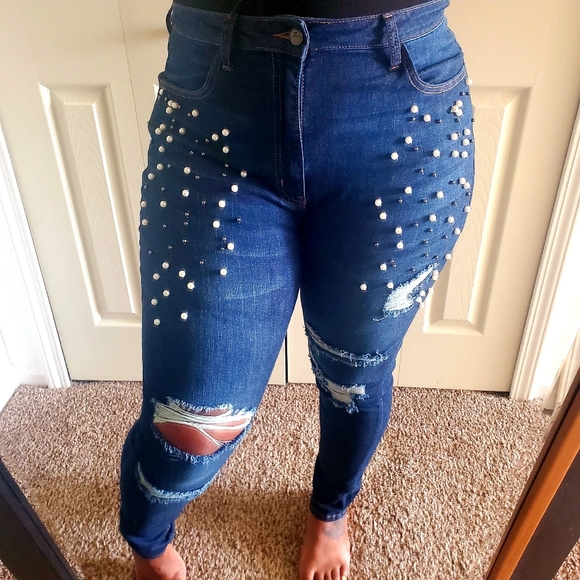 Dark Blue High Waisted Distressed Skinny Jean - Picture 1 of 4
